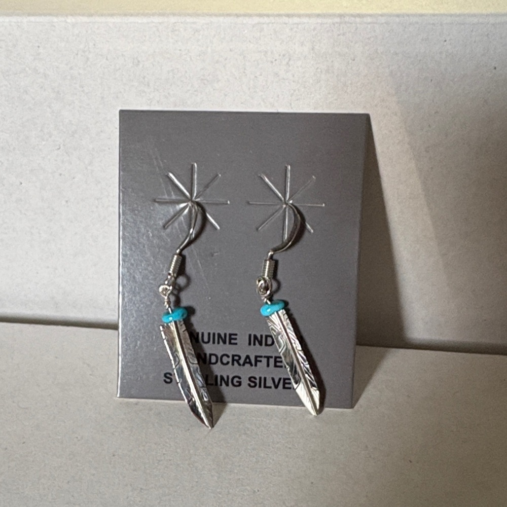 Navajo Made Sterling  Silver Feather Dangle Earrings with Turquoise NWT